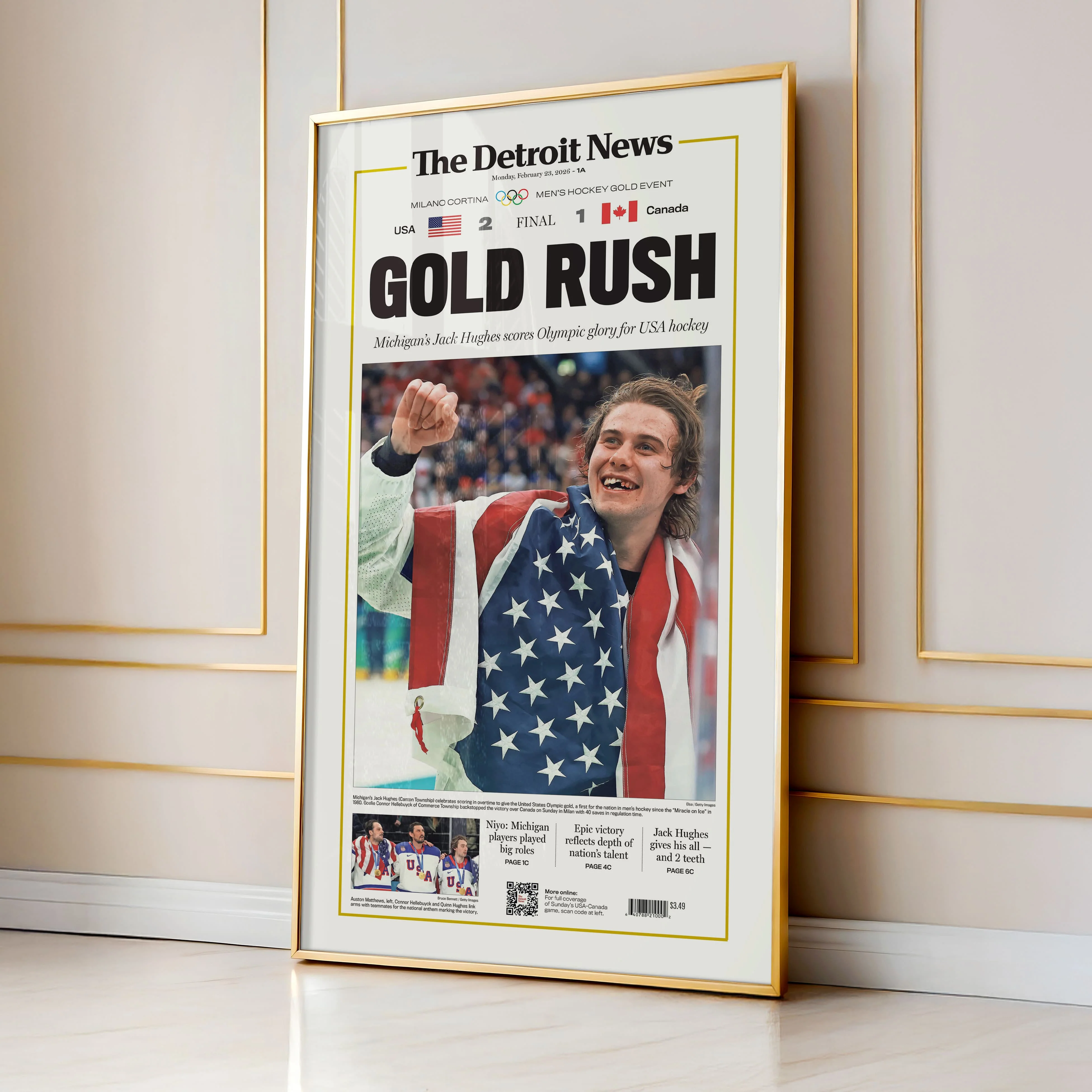 Gold Rush Jack Hughes Team USA Hockey Olympics Front Page Wall Art - Image 3