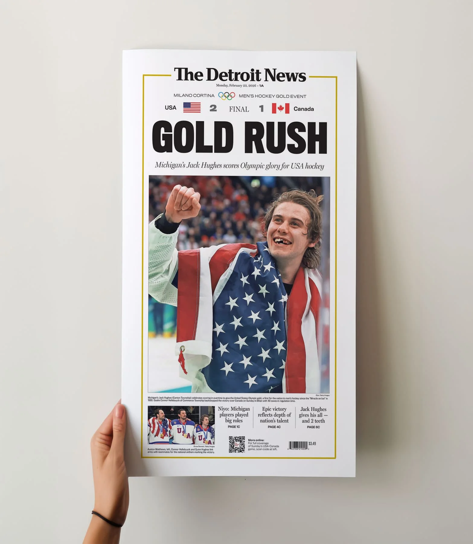 Gold Rush Jack Hughes Team USA Hockey Olympics Front Page Wall Art - Image 5