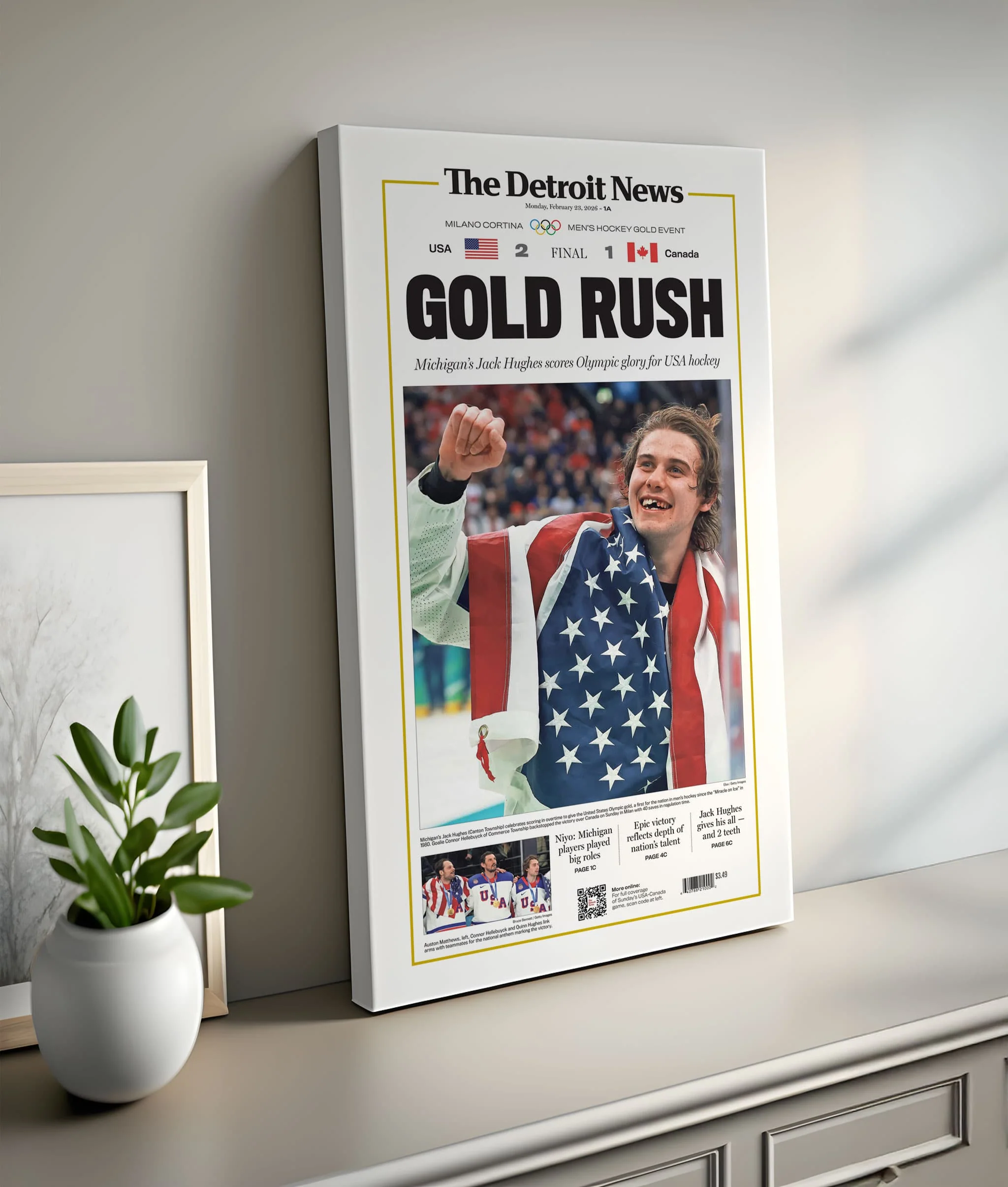 Gold Rush Jack Hughes Team USA Hockey Olympics Front Page Wall Art - Image 9